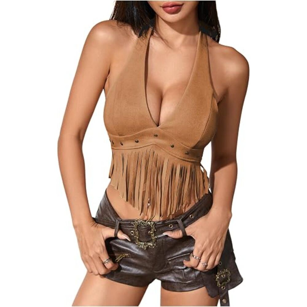 Fringe Going Out Tops Faux Suede Festival Halter Top, Medium, 4C-211T004